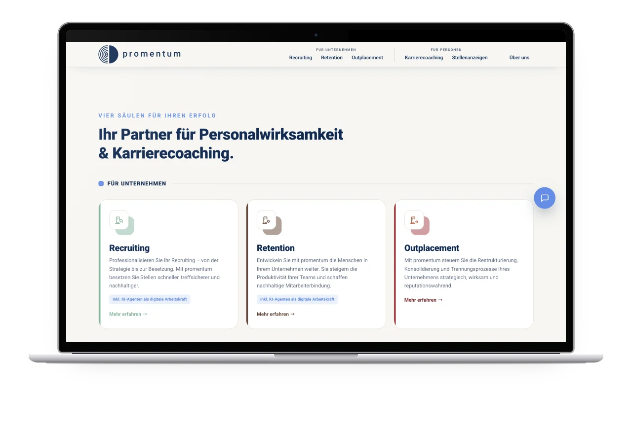 Die Leistungsbereiche von promentum als Karten auf einem MacBook
