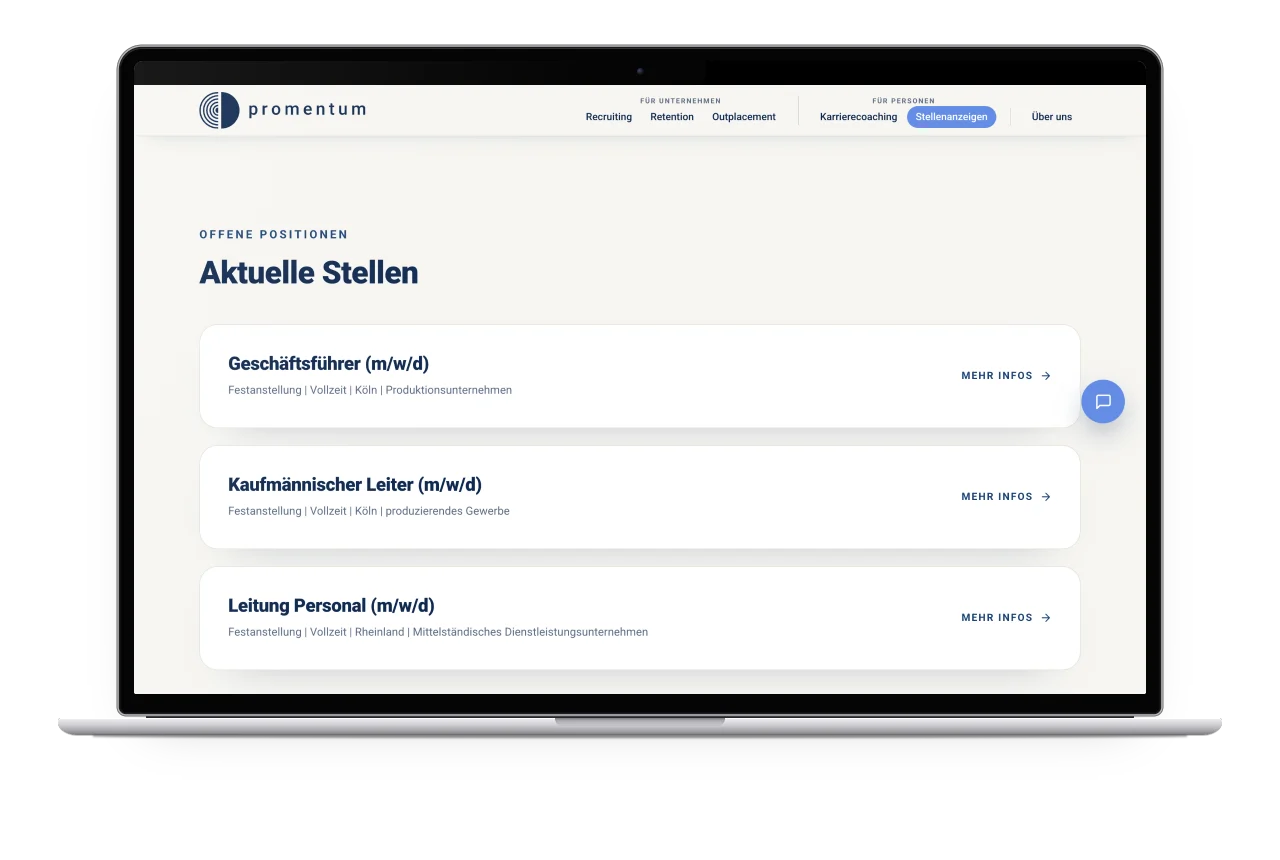 Die Übersicht der aktuellen Stellen bei promentum auf einem MacBook