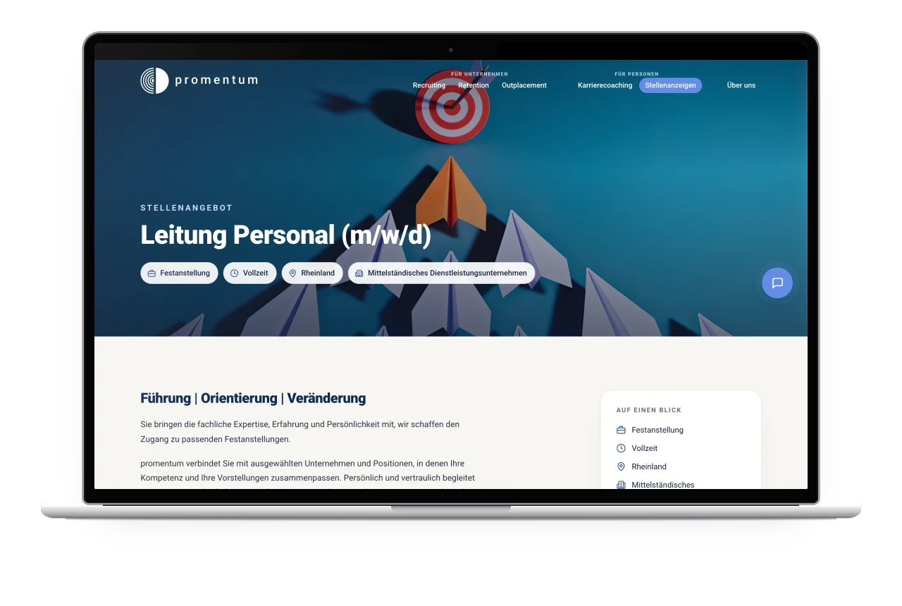 Eine Stellenanzeige von promentum mit den Eckdaten auf einen Blick auf einem MacBook