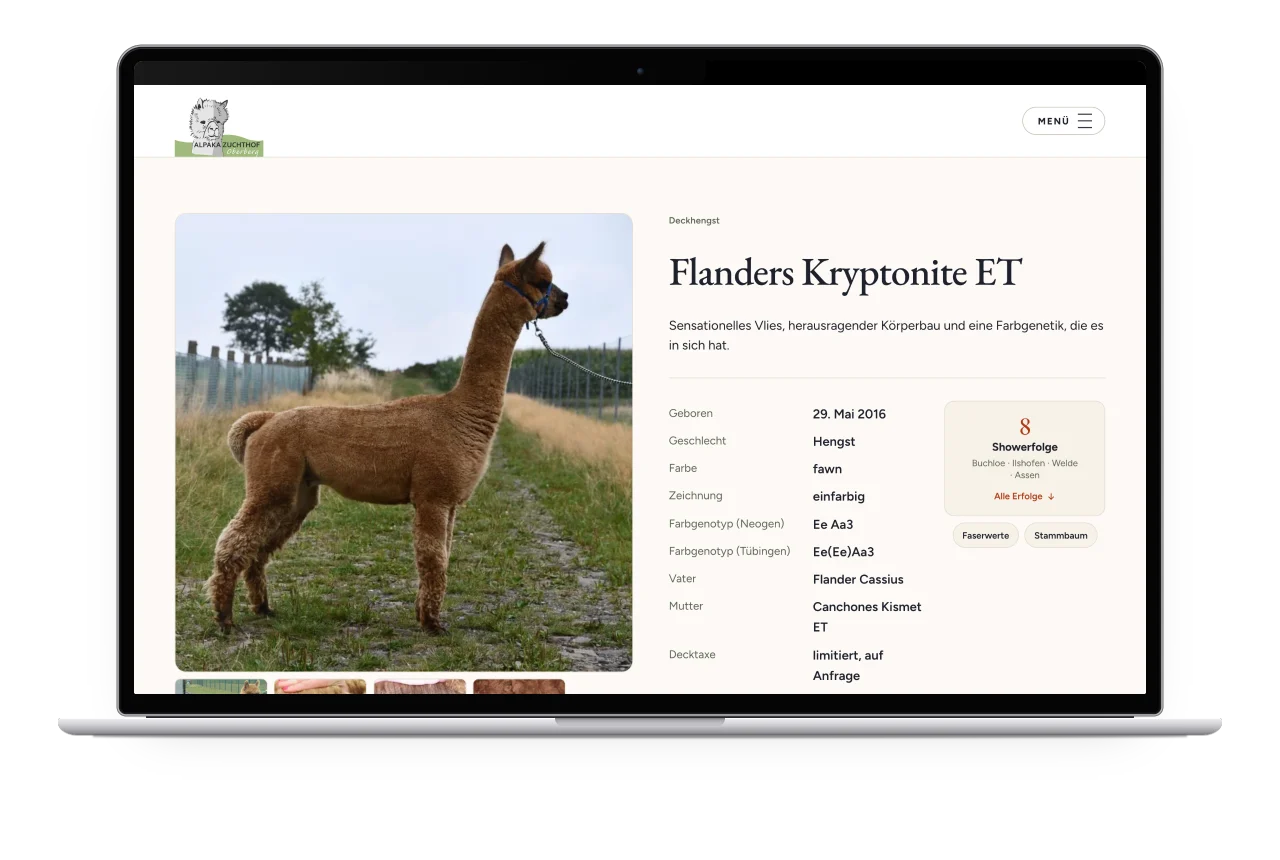 Die Tierseite von Flanders Kryptonite ET mit Foto, Daten und Showerfolgen auf einem MacBook