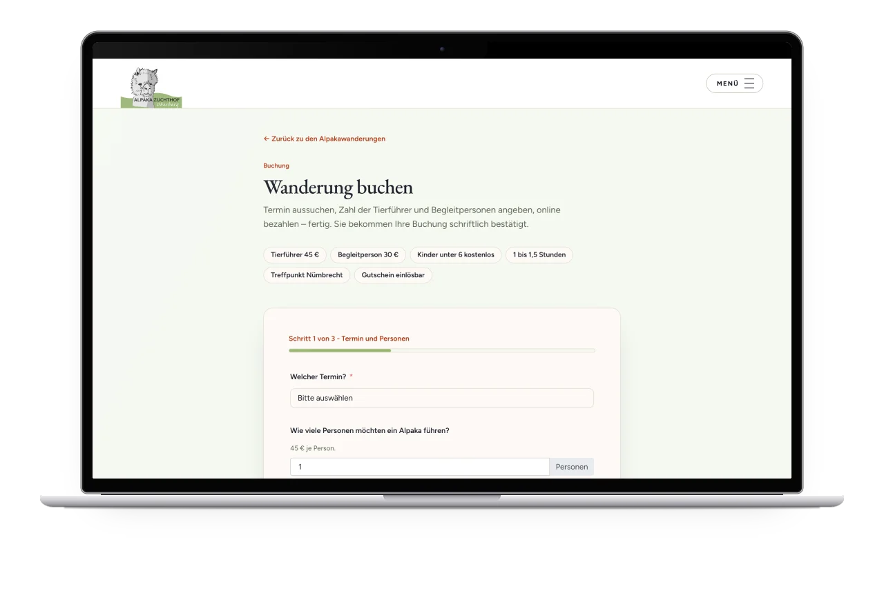 Das Buchungsformular für Alpakawanderungen im ersten von drei Schritten auf einem MacBook