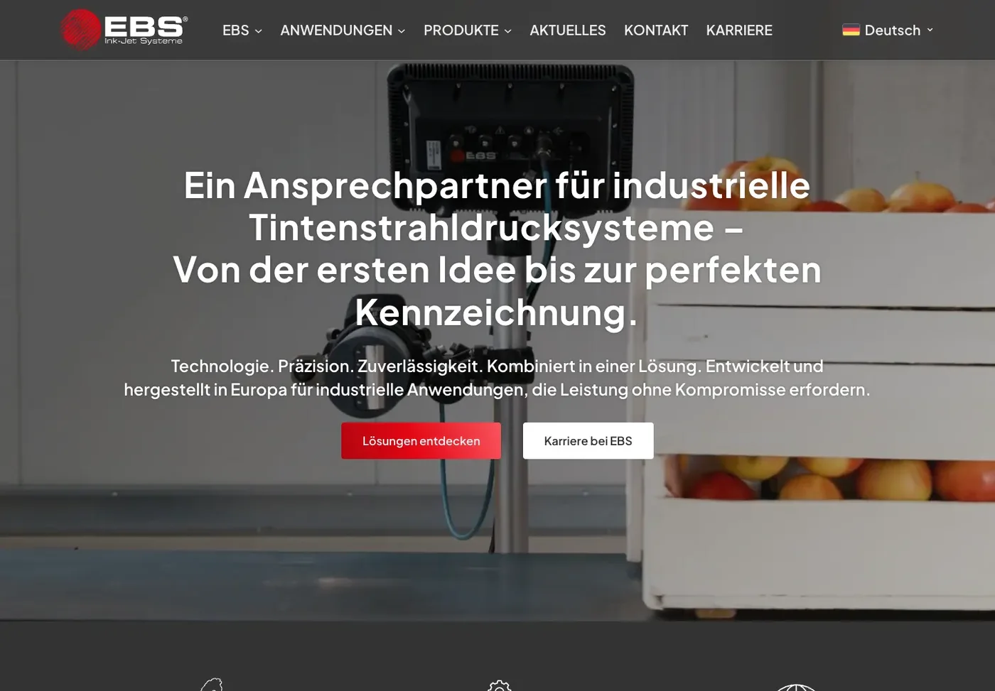 Die heutige Startseite von EBS mit zentrierter Überschrift, zwei Buttons und deutschem Menü