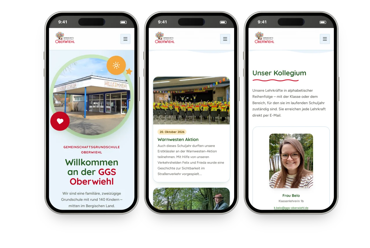 Drei iPhones mit der Website der GGS Oberwiehl: Startseite, Aktuelles und Kollegium