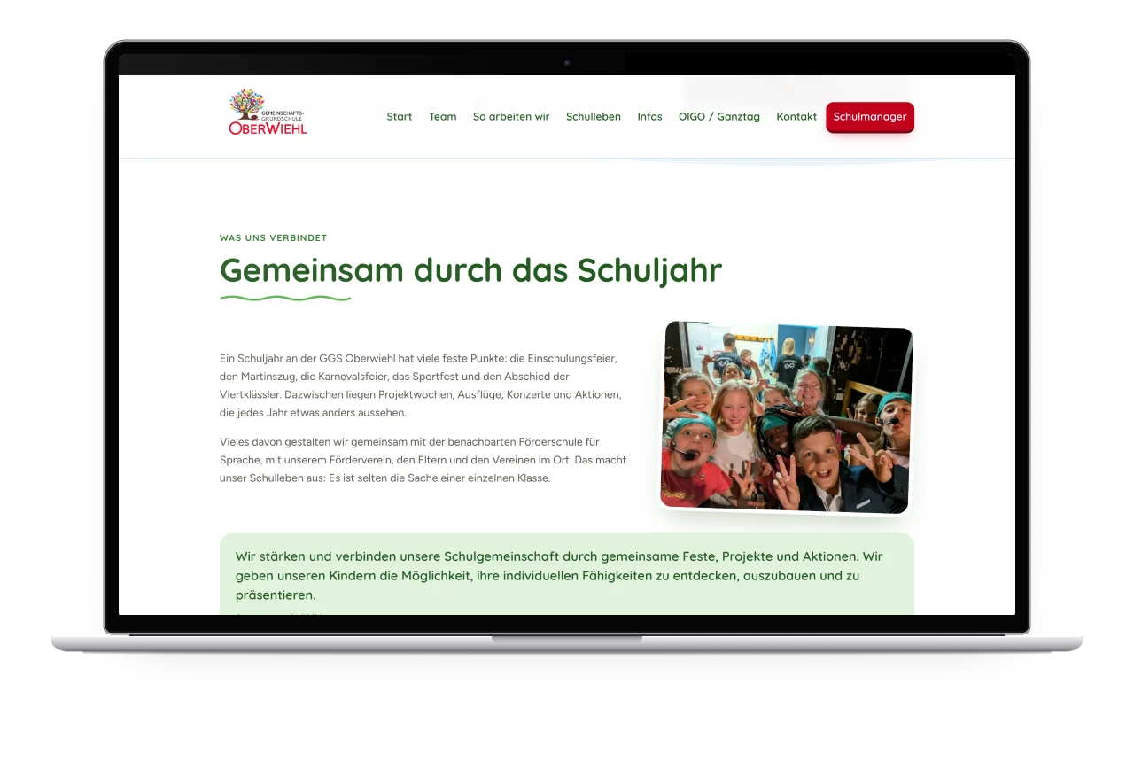 Die Seite Schulleben über Feste und Aktionen im Schuljahr auf einem MacBook