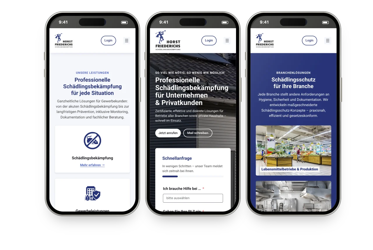 Drei iPhones mit der Website von Horst Friederichs: Leistungen, Startseite mit Schnellanfrage und Branchenlösungen