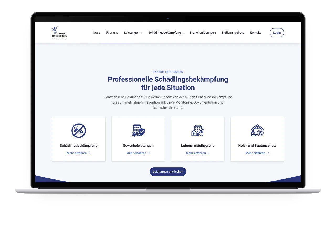 Die vier Leistungsbereiche auf der Startseite von Horst Friederichs auf einem MacBook