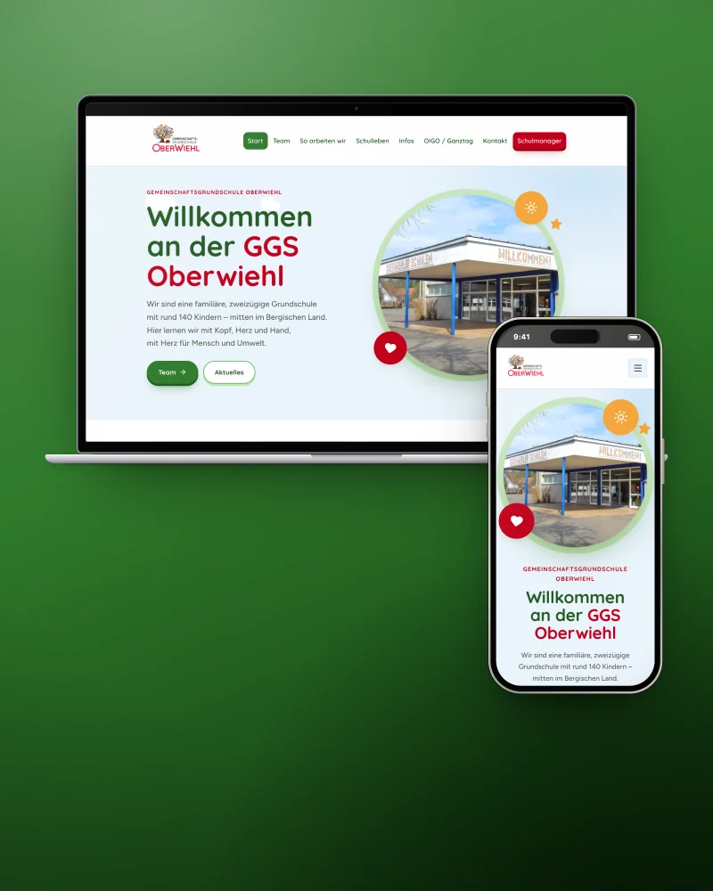 Die Website der Grundschule GGS Oberwiehl, angezeigt auf einem Laptop und einem Smartphone.