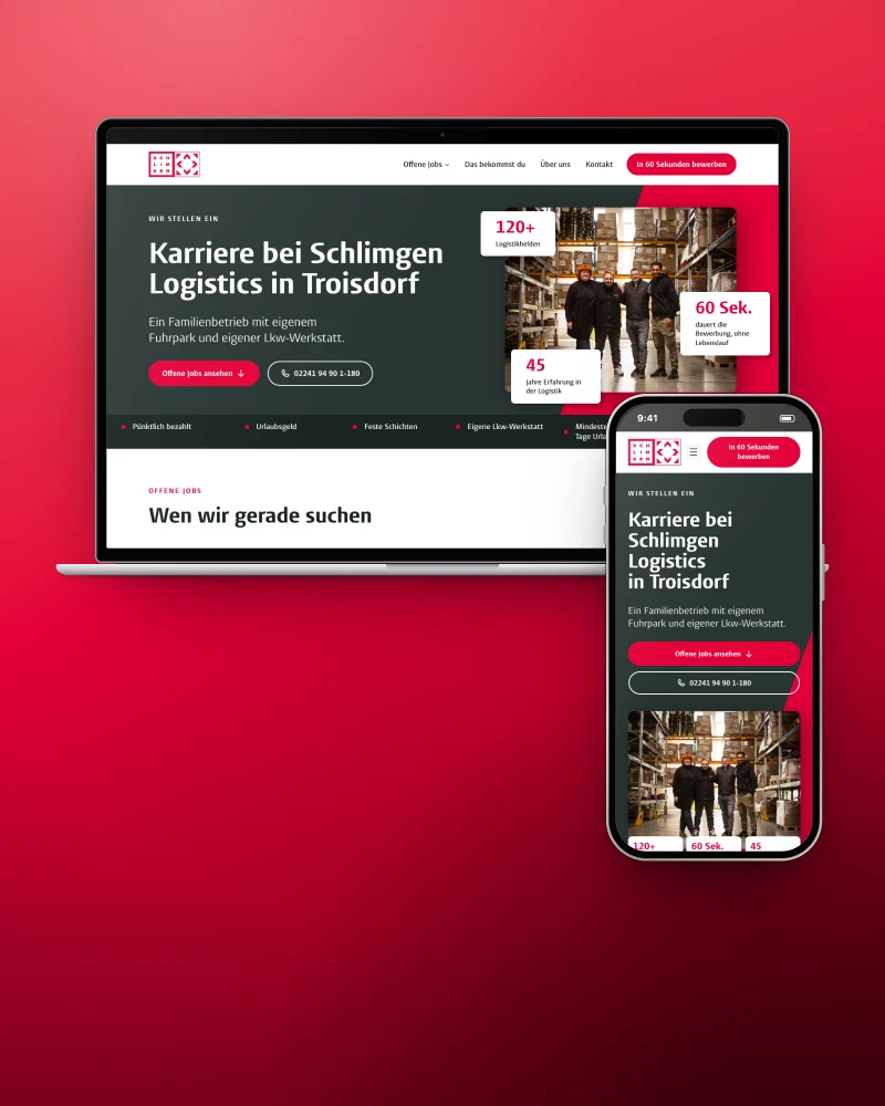 Laptop und Smartphone, auf denen die Karriere-Website von Schlimgen Logistics vor rotem Hintergrund angezeigt wird.