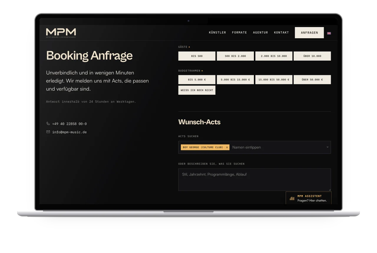 Die Booking-Anfrage von MPM Music auf einem MacBook, Boy George (Culture Club) ist unter „Wunsch-Acts“ schon eingetragen