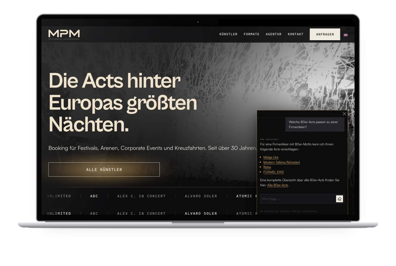 Der MPM Assistent auf einem MacBook beantwortet die Frage, welche 80er-Acts zu einer Firmenfeier passen