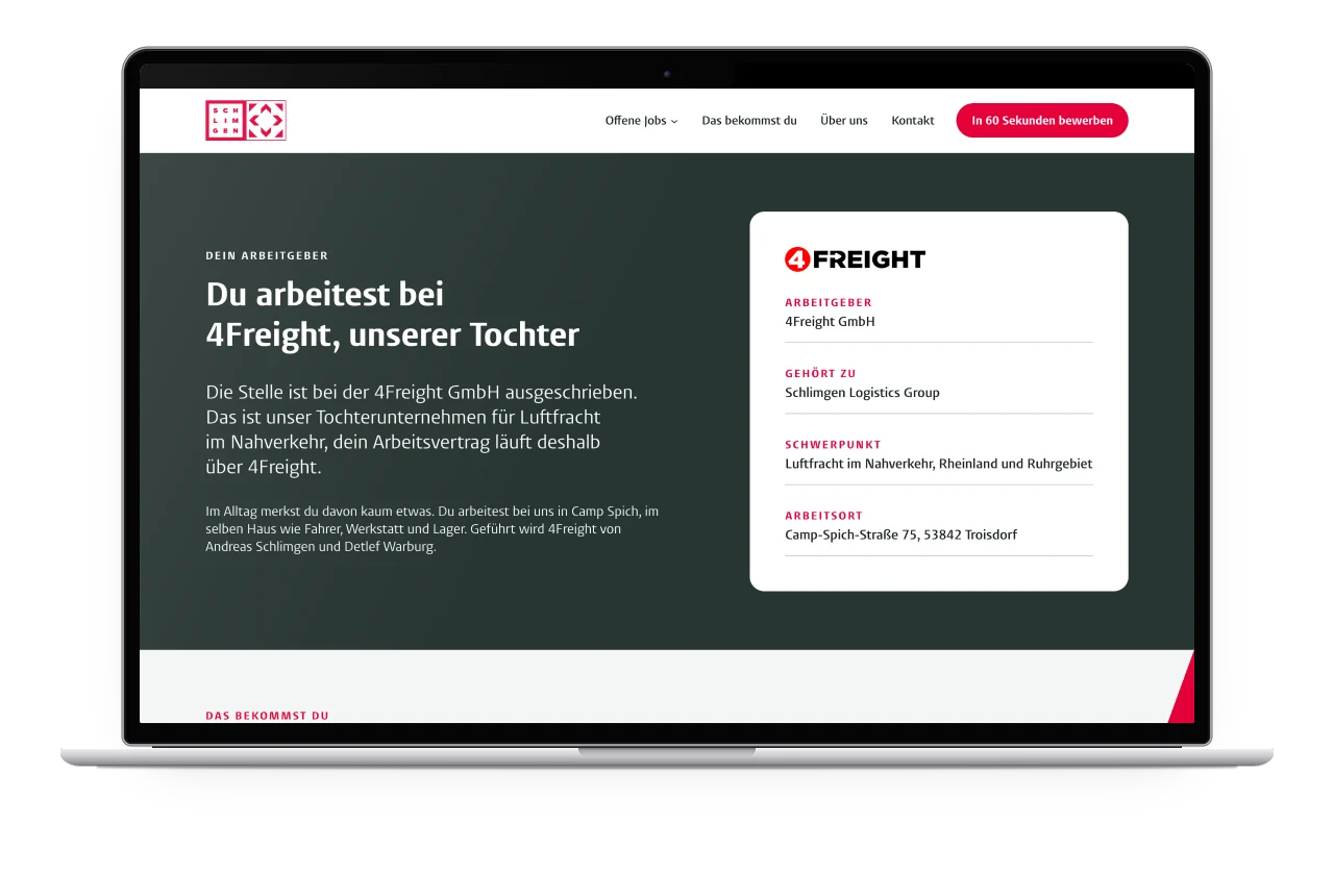 Der Kasten zur Tochterfirma 4Freight auf der Stellenseite für Disponenten auf einem MacBook