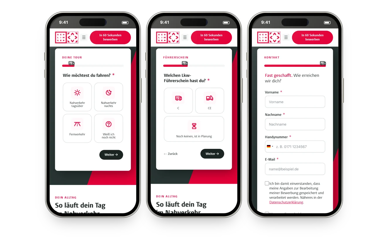 Drei iPhones mit der Bewerbung für Fahrer: Tour wählen, Führerschein angeben, Kontaktdaten eintragen