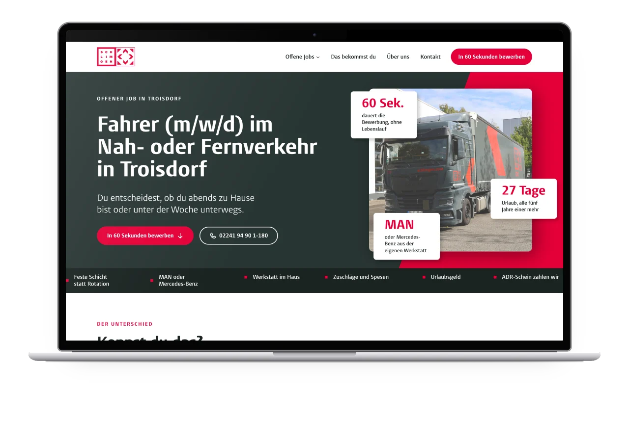 Die Stellenseite für Fahrer im Nah- oder Fernverkehr mit Lkw-Foto und den Eckdaten auf einem MacBook