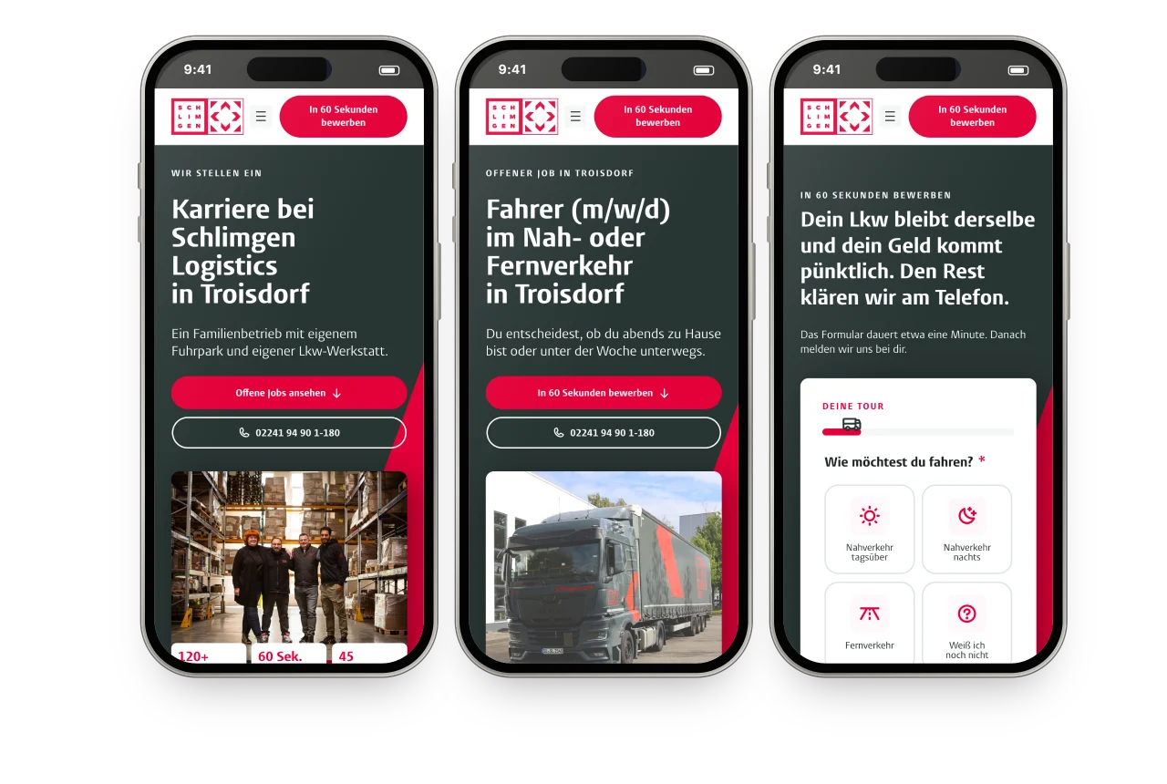 Drei iPhones mit karriere.schlimgen.com: Startseite, Stellenseite Fahrer und Bewerbung