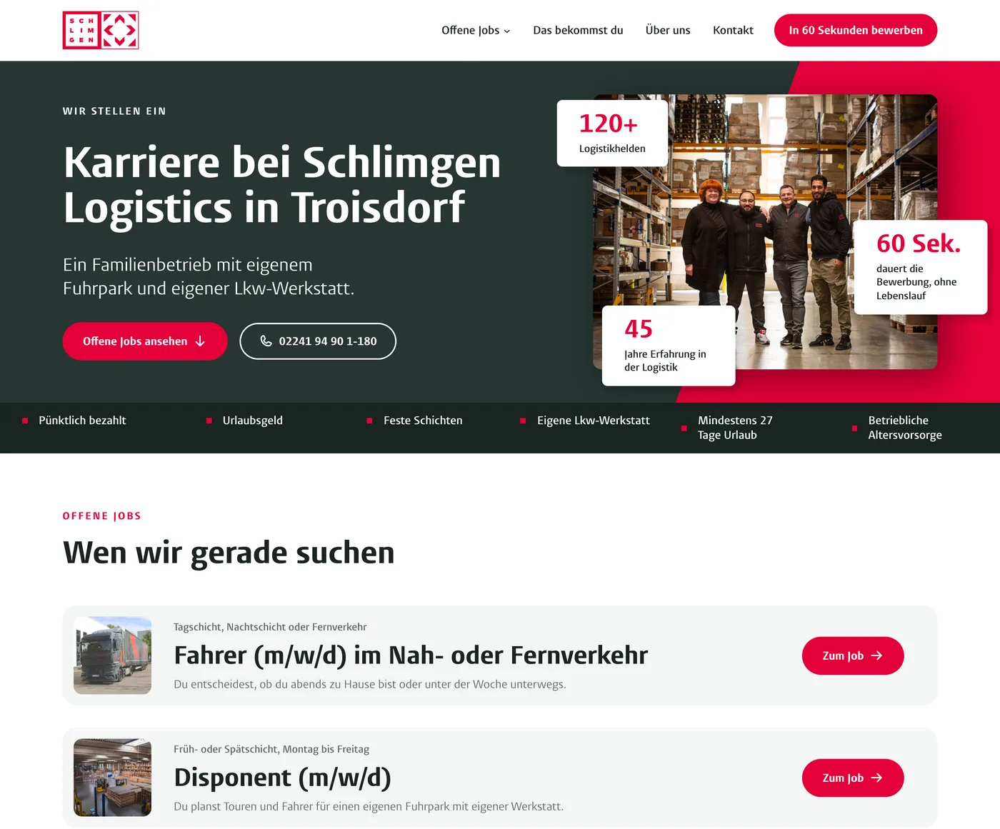 Die Startseite von karriere.schlimgen.com mit Teamfoto, Kennzahlen, Buttons zu den offenen Jobs und der Liste der Stellen