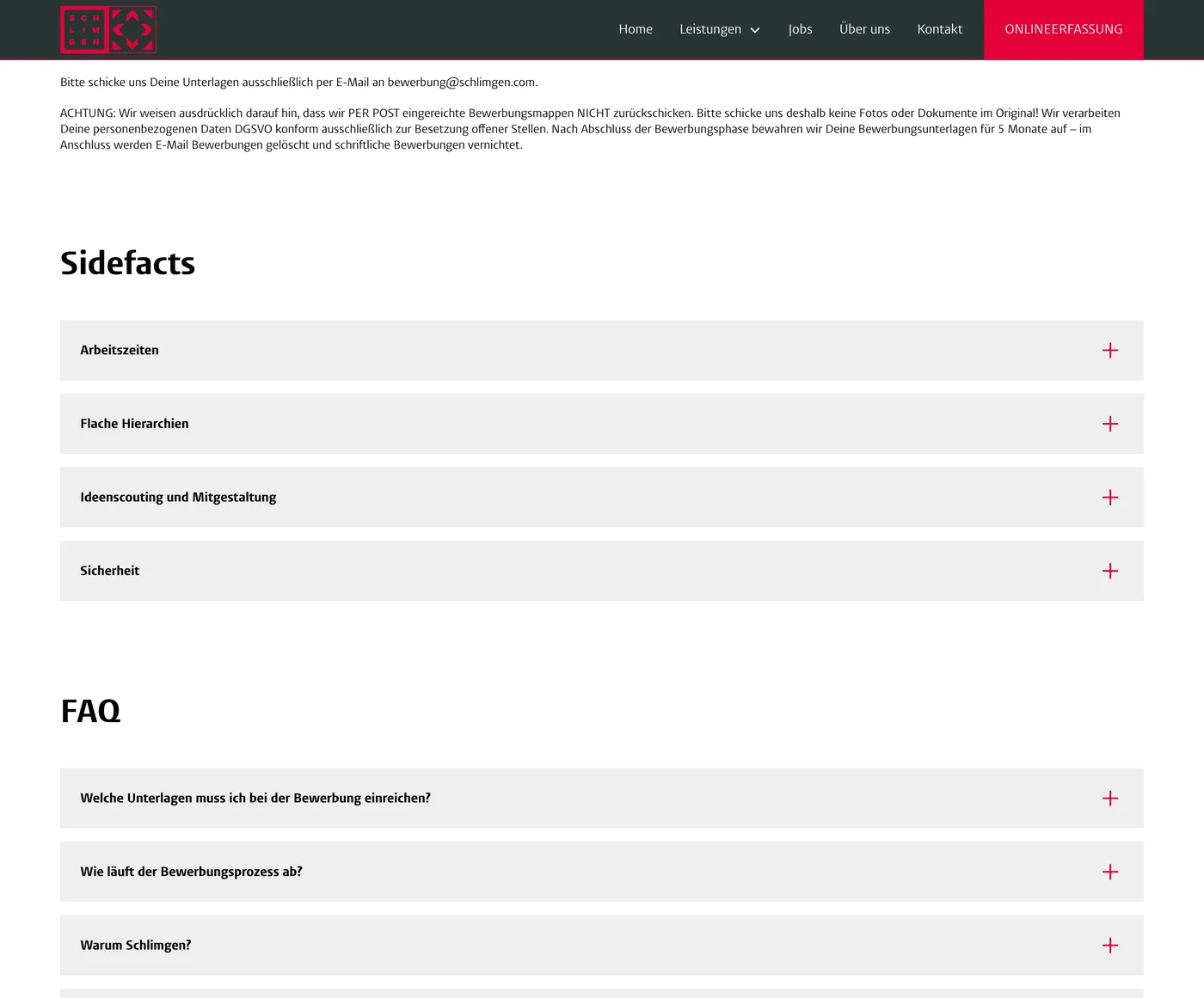 Die frühere Jobs-Seite auf schlimgen.com mit dem Hinweis auf Bewerbungen nur per E-Mail, Aufklappfeldern zu Arbeitszeiten und Vorteilen und einer FAQ