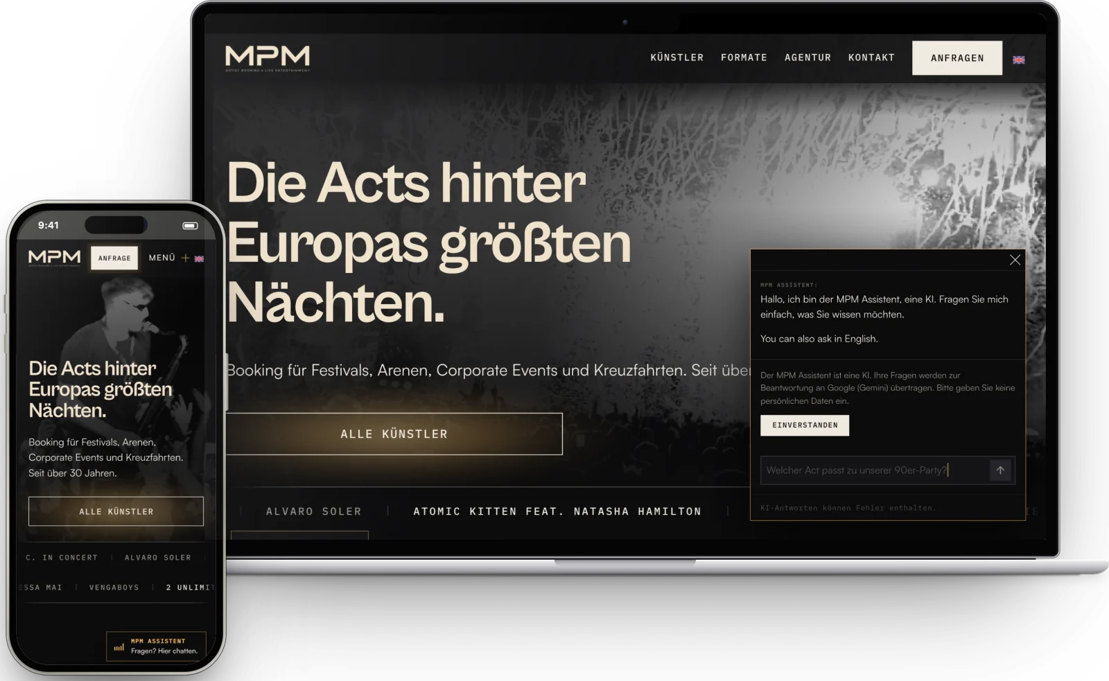 mpm-music.de auf Laptop und Smartphone, auf dem Laptop ist der MPM Assistent geöffnet