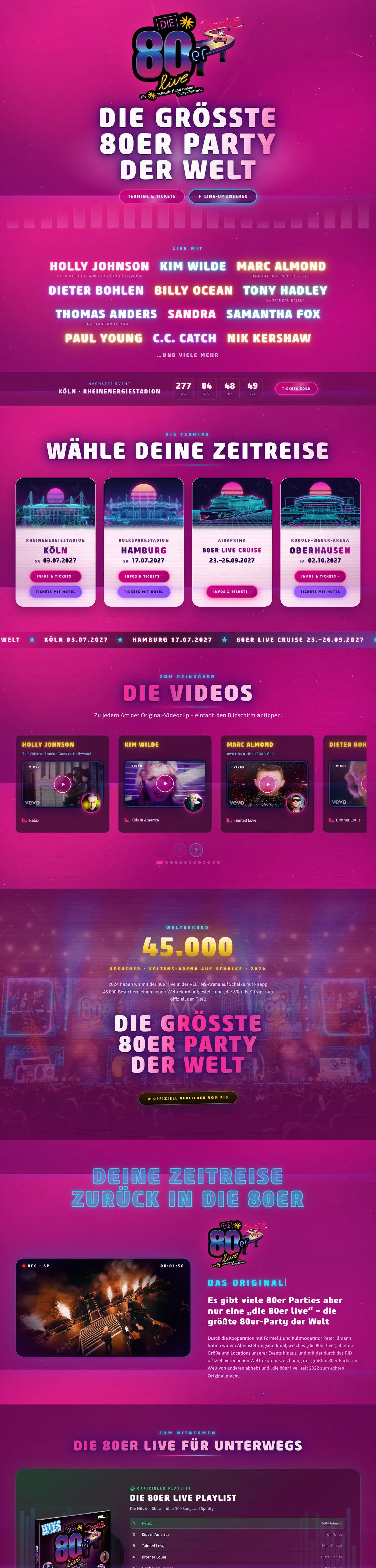 Veranstaltungsplakat für Die 80er Live mit dem Konzertprogramm, den Tourdaten, Videoclips und einem Link zur offiziellen Spotify-Playlist.