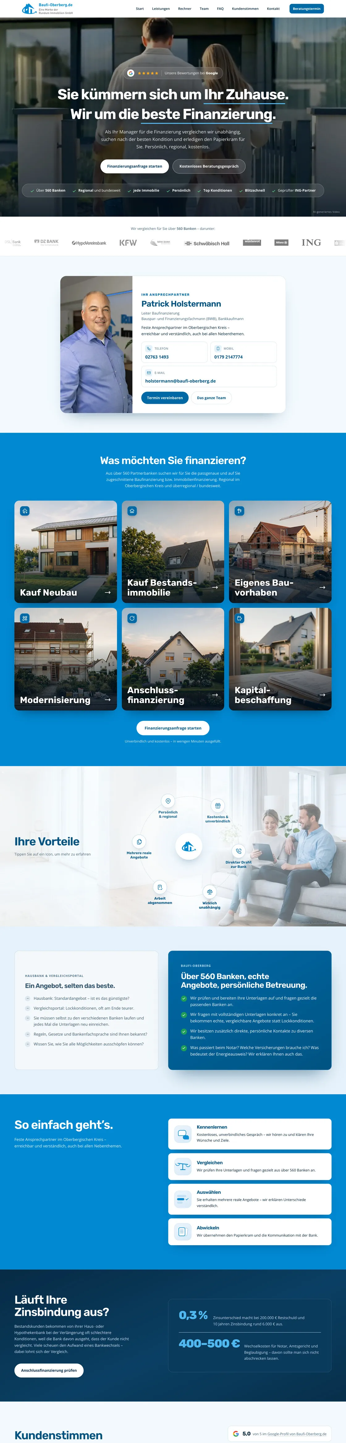 Startseite der Website Baufi-Oberberg.de mit Informationen zur Finanzierung, den Kontaktdaten von Patrick Holstermann, Kreditarten, Vorteilen des Serviceangebots und einer Anleitung zum Ablauf.