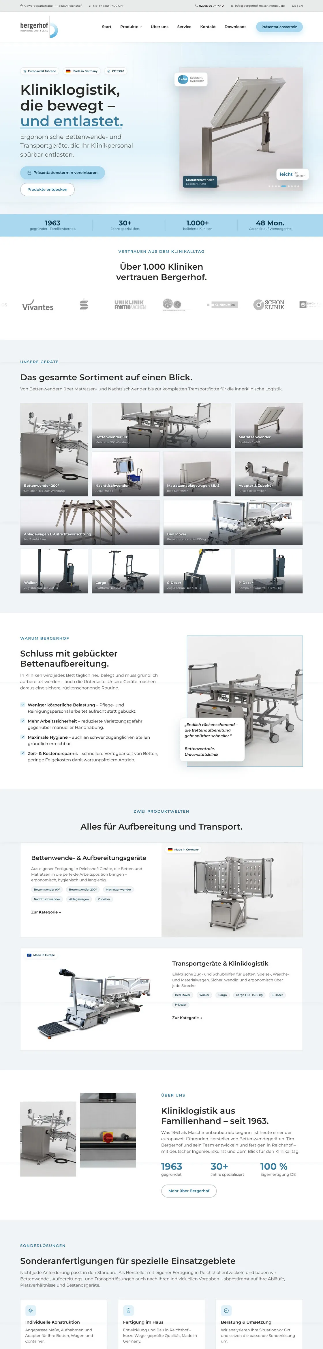 Die Bergerhof-Homepage zeigt klinische Logistikausrüstung für Krankenhäuser, darunter Bettentransportgeräte und Transportwagen, sowie Produktbeschreibungen auf Deutsch.