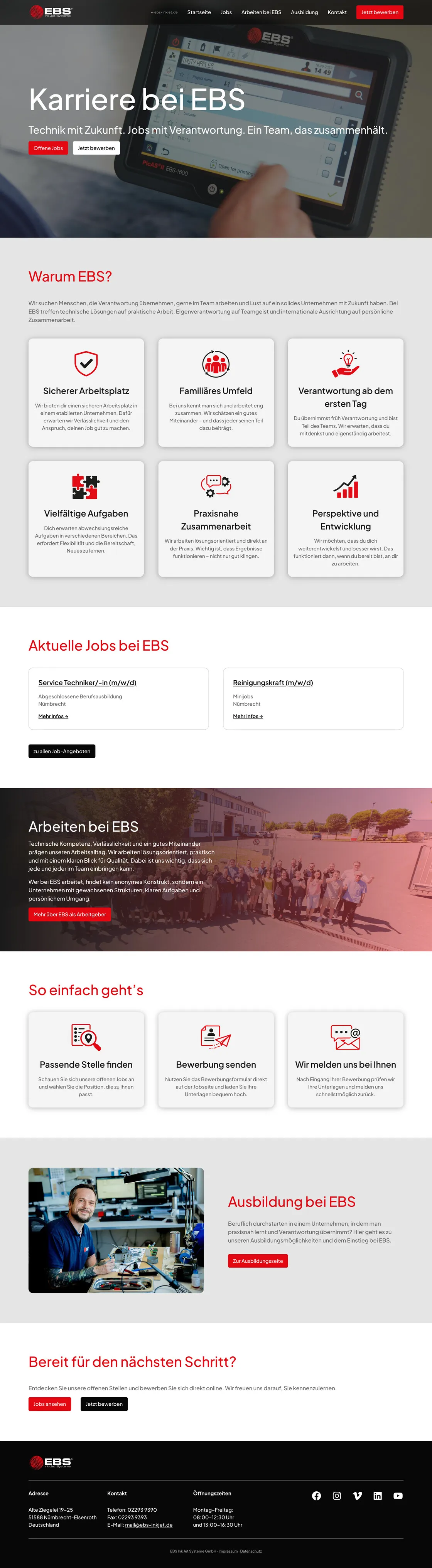 Die EBS-Karriereseite mit den Unternehmenswerten, Stellenangeboten, Informationen zum Bewerbungsprozess und einem Foto eines lächelnden Mitarbeiters.