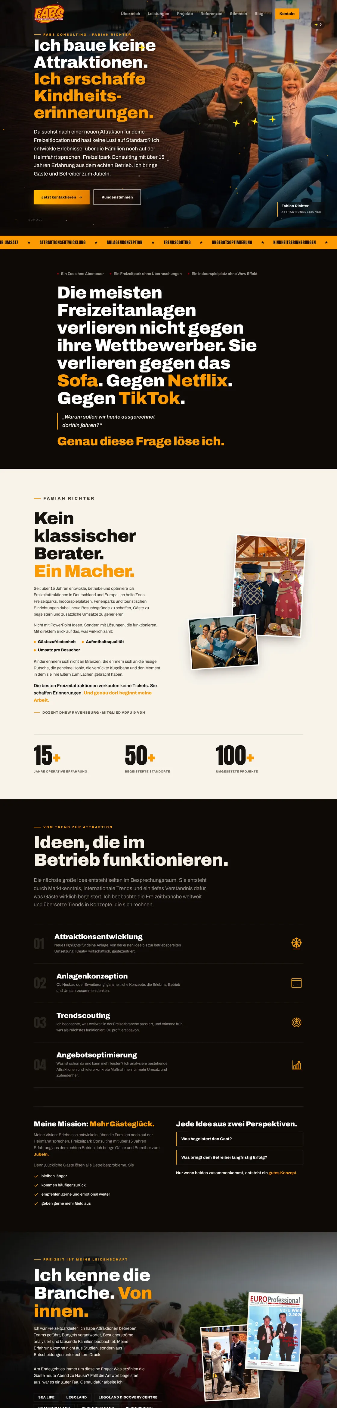 Webseite von Fabs Consulting mit Fabian Richter, die Dienstleistungen für Vergnügungsparks und Freizeiteinrichtungen anbietet, einschließlich Kundenreferenzen und Branchenerfahrung.