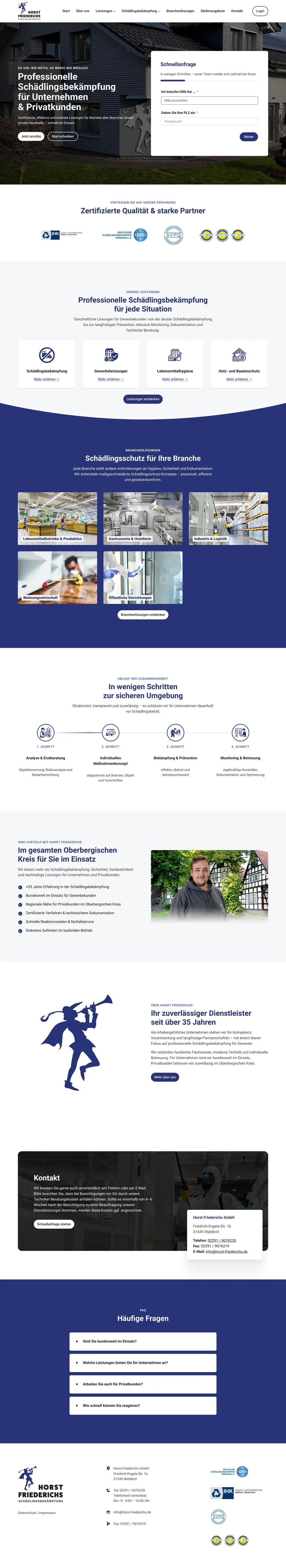 Die Homepage des Schädlingsbekämpfungsunternehmens von Horst Friederichs mit Informationen zu Dienstleistungen, Branchenlösungen, Kontaktdaten und Zertifizierungen.