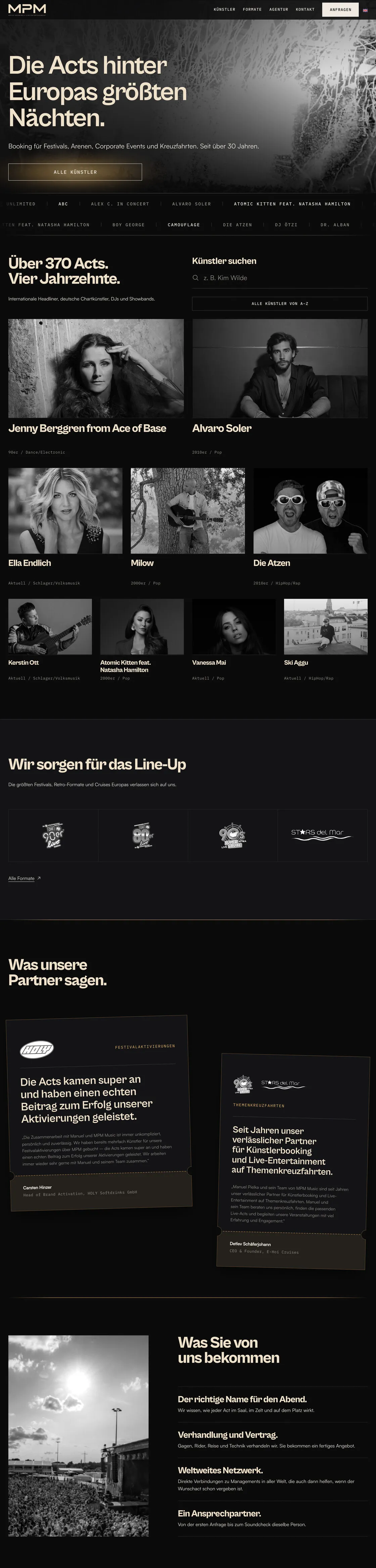 Website der Künstlervermittlungsagentur MPM mit einer Liste der Künstler, Kundenstimmen und Beschreibungen der Unternehmensleistungen.