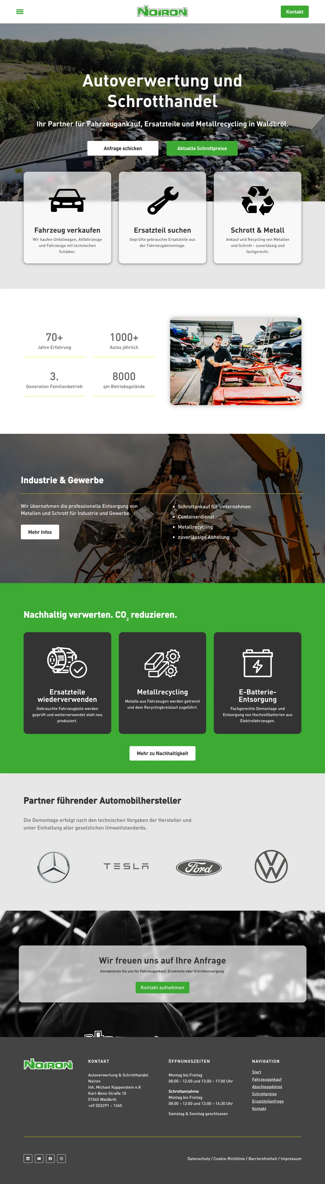 Website für Noiron, ein Unternehmen für Autorecycling und Altmetall, mit Informationen zu den Dienstleistungen, Partnerlogos und Kontaktdaten.