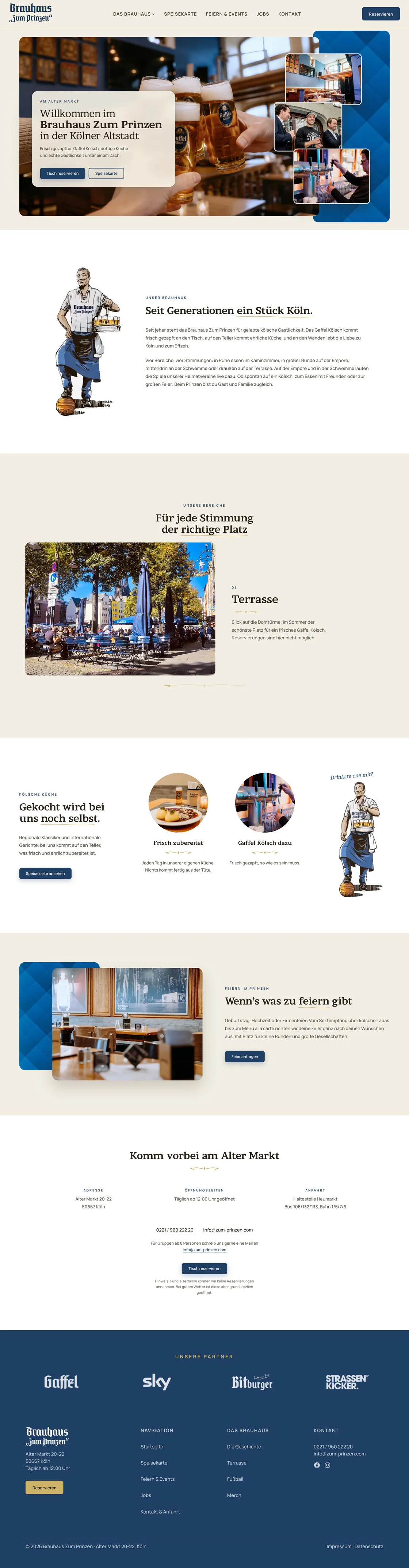 Startseite der Website des Brauhaus zum Prinzen mit Bildern des Restaurants, der Speisen und der Speisekarten sowie Navigationslinks und Kontaktdaten.
