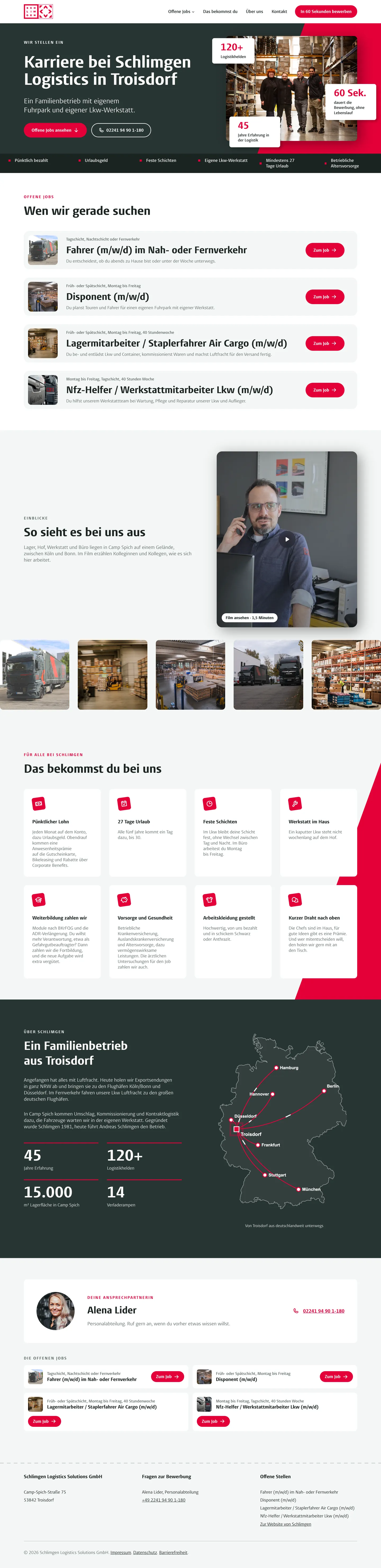 Karriereseite von Schlingen Logistics mit Stellenangeboten, Unternehmensinformationen, Erfahrungsberichten von Mitarbeitern, einer Anfahrtsskizze und den Kontaktdaten von Alena Lider.